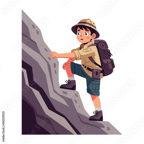 Adventurer on the Ascent: A young adventurer, brimming with determination, navigates a rugged cliffside with unwavering focus, ready to conquer new heights and explore the world.
