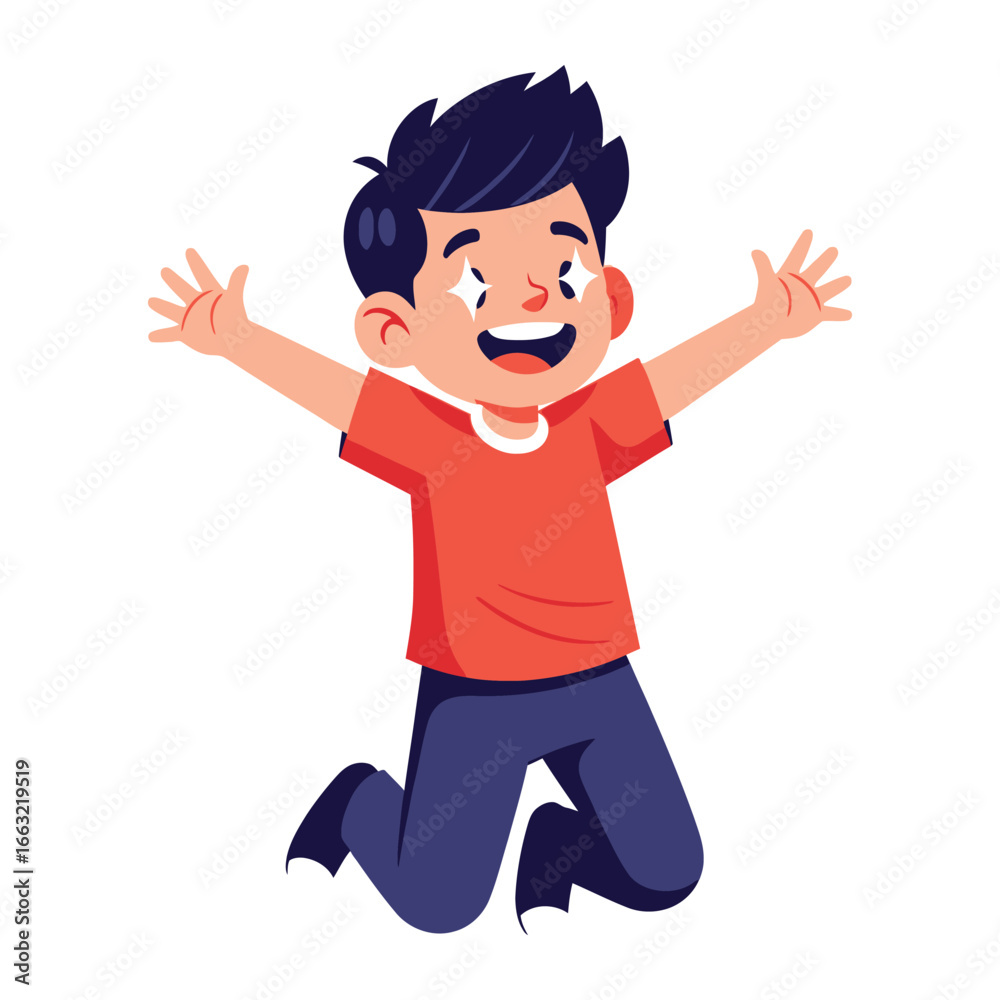 Fototapeta premium Joyful Boy in Mid-Air: A happy young boy is captured mid-jump, radiating pure joy and excitement with outstretched arms in a vibrant illustration.