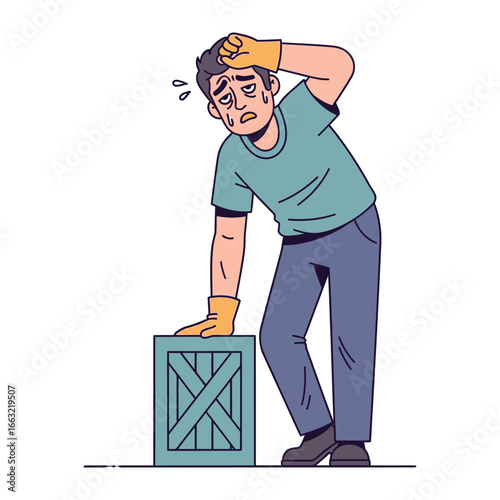 Exhausted Worker: A weary worker, sweat beading on his brow, leans against a wooden crate, capturing the fatigue of manual labor and the weight of hard work.