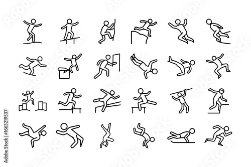 Parkour Vector Icon Set. Jumping, Running, Climbing, Urban Sports, Parkour Athlete, Free Running, Obstacles, Physical Activity, Extreme Sports, Fitness, and More. Editable Stroke.