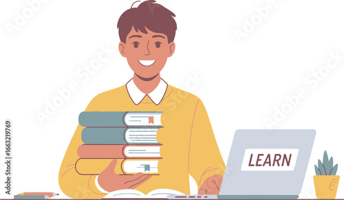 Young man happily studying at a desk with a stack of books and a laptop for online education isolated on transparent background