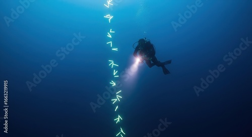 Diver shining flashlight in dark deep ocean environment