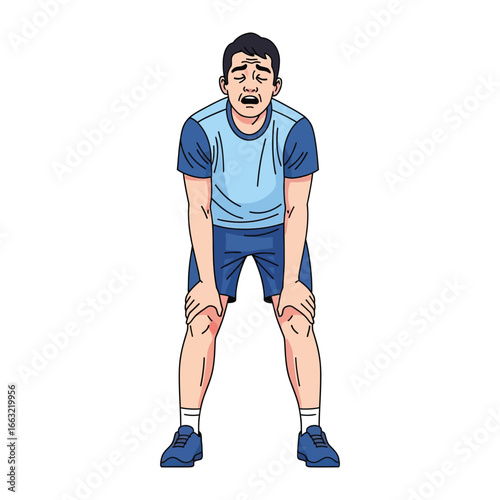 Exhaustion and Fatigue: A person struggles with fatigue, hands on their knees, captured through a simple yet evocative illustration, illustrating the emotional and physical challenge of exhaustion.