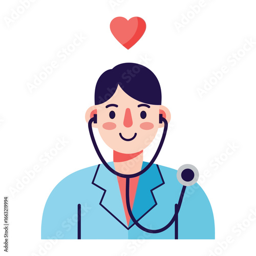 The Doctor of Caring: A healthcare hero with a friendly and approachable demeanor. A modern doctor stands tall, listening intently through stethoscope to embody empathy, care, compassion.