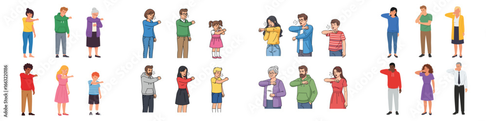 People Coughing and Sneezing into Elbow Set People Coughing and Sneezing into Elbow Set