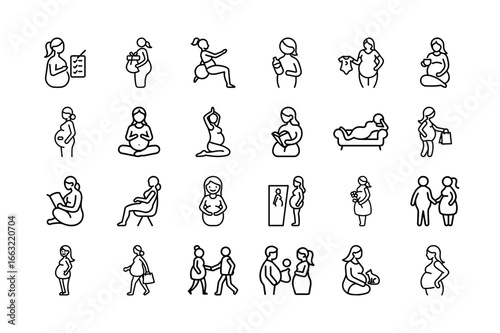 Pregnant Lady Icon Set. Pregnancy, Maternity, Motherhood, Baby Shower, Yoga, Shopping, Resting, Walking, Health, and More. Editable Stroke. Vector Illustration.