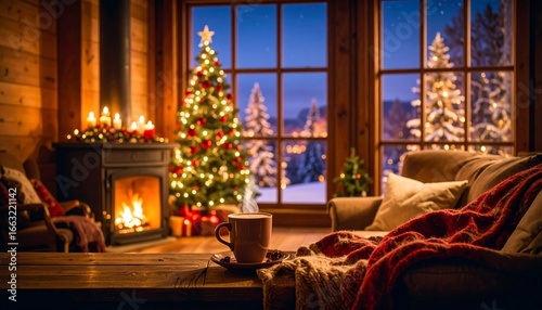 Cozy Christmas cabin scene by window