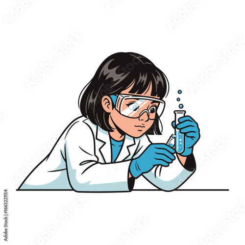 Young Scientist at Work: A determined young scientist in protective eyewear and gloves, diligently analyzing a test tube, embodying scientific curiosity, innovation, and the pursuit of knowledge.