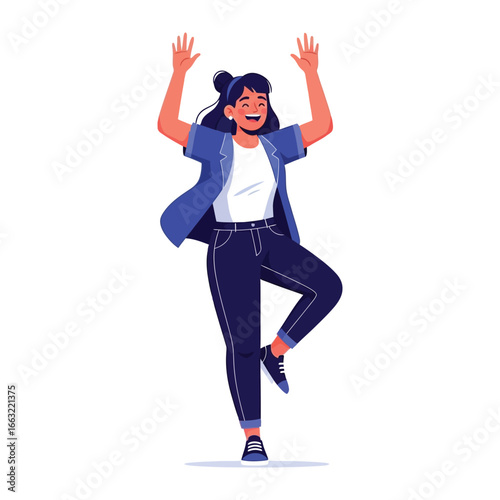 Joyful Celebration: An illustrated woman, radiant with happiness, leaps in a dynamic pose. She embodies pure joy and celebrates the spirit of triumph and success.