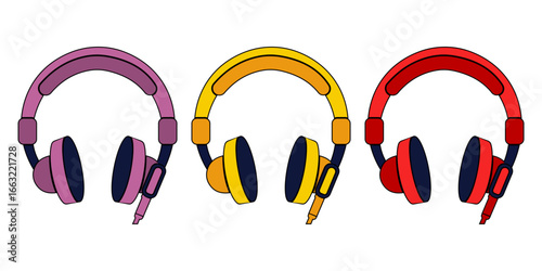 Set of colored headphones. Modern wireless portable gadget for listening to music, and audiobooks. For advertising design.