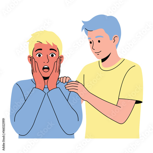 Support and Comfort: Illustration of two people. One looks shocked, other is supporting him. 