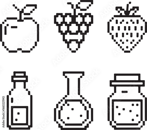 Gourmet Fruit Vinegar Pixel Vector Icons Apple, Grape, Orange, Strawberry, Glass Bottle, Carafe, Infusion Jar