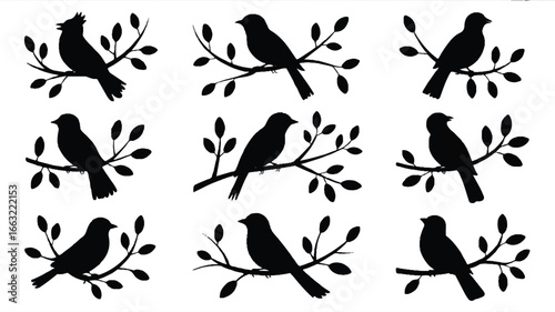 A set of 9 black silhouette illustrations of birds perched on thin tree A set of 9 black silhouette illustrations of birds perched on thin tree branches with small leav with small leaves. T (2)_traced