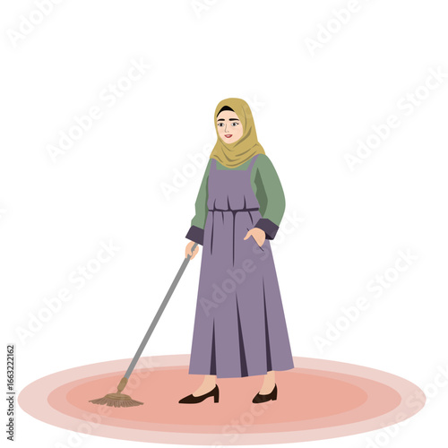 Muslim mother wearing hijab wearing a veil is sweeping cleaning the floor