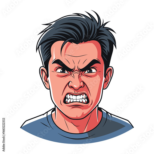Rage expression: A digitally illustrated close-up portrays a man's face contorted in raw, unbridled anger. Every line and shade accentuates the intensity of the emotion. 