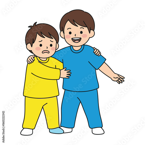 Friendship and Comfort: A heartwarming illustration depicting two children, one offering a comforting embrace to a visibly upset friend. A symbol of empathy and support.