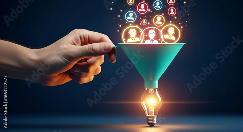 Hand guiding customer icons into lightbulb via funnel, symbolizing lead generation, idea creation, and business growth, showcasing innovative marketing strategy