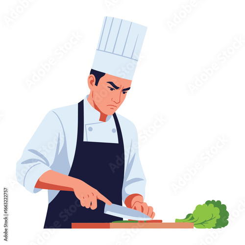 Precision in the Kitchen: A focused chef meticulously prepares ingredients with skill and precision. The art of culinary expertise in action, ready to create a masterpiece.