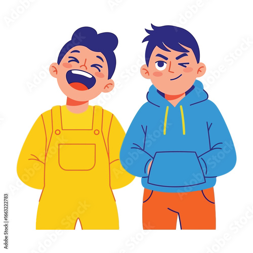 Joyful Comradeship: Capturing a dynamic illustration of two boys showcasing their distinctive emotions and bonds of friendship, embodying youthful innocence and vitality.
