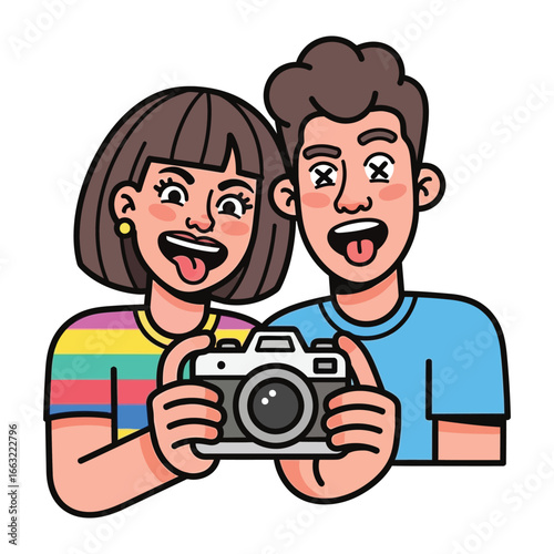 Photographer Portrait: Two happy people in a playful portrait. With a camera they capture memories, showcasing youthful energy and a shared love of photography.