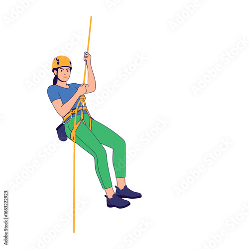 Rope climbing adventure: a young woman confidently descending down the rope, showcasing her skill and passion for outdoor activities. 
