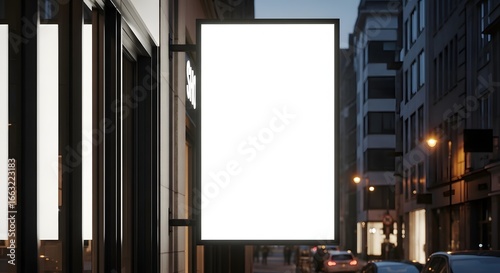 Blank vertical sign mockup hanging on urban building at dusk, empty illuminated board for city advertising