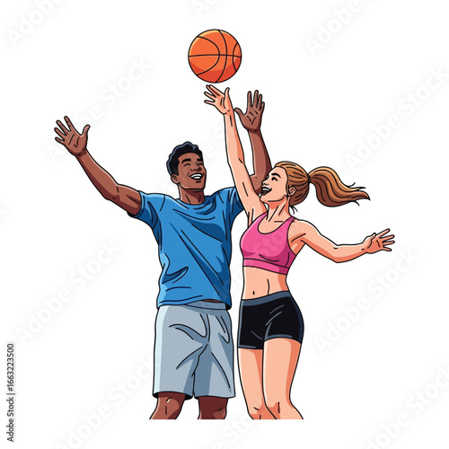 Basketball Duel: A vibrant illustration of a mixed-gender couple engaged in a friendly basketball match under an open sky, exuding energy and enthusiasm.