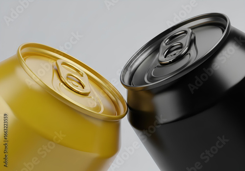 Black and gold beverage cans mockup. 3D render of two isolated aluminum soda cans. Blank product packaging template of black and gold cans for branding design.