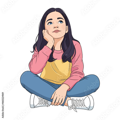 Girl's Daydream: A young girl sits in a cross-legged pose, her gaze fixed upward as she contemplates her dreams. This illustration captures the essence of imagination and contemplation.