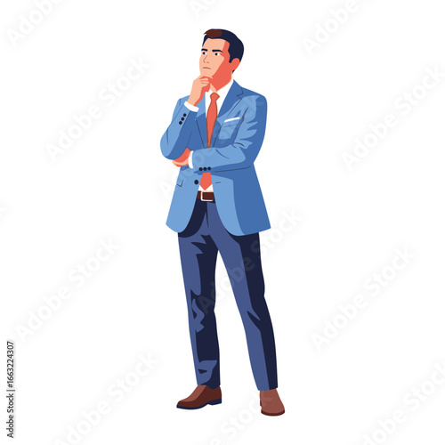 Contemplative Man in Business Attire: A sharply dressed man in a smart suit contemplates thoughtfully, his pose reflecting deep thought and strategic vision in a visual representing intelligence.