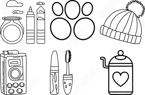 Collection of fashion accessories beauty products and household items line art graphics bundle white background
