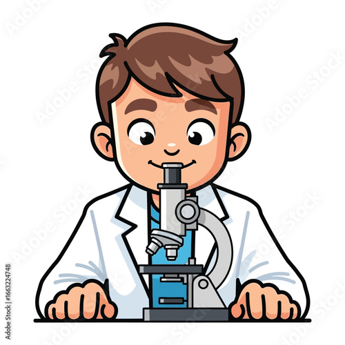 Young Scientist and the Microscope: A captivating illustration of a young, curious scientist engrossed in scientific discovery, intently examining a specimen through a microscope.