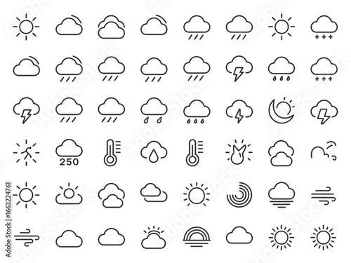 Collection of weather icons including sun clouds rain lightning and thermometers isolated on white background silhouette