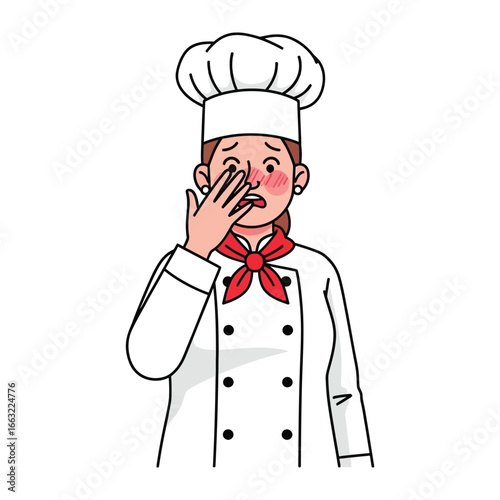 Oops! Chef's Dilemma: A disheartened chef, wearing a pristine uniform, and a tall toque, expressing surprise and regret over an unexpected culinary issue or a dish that didn't meet expectations.