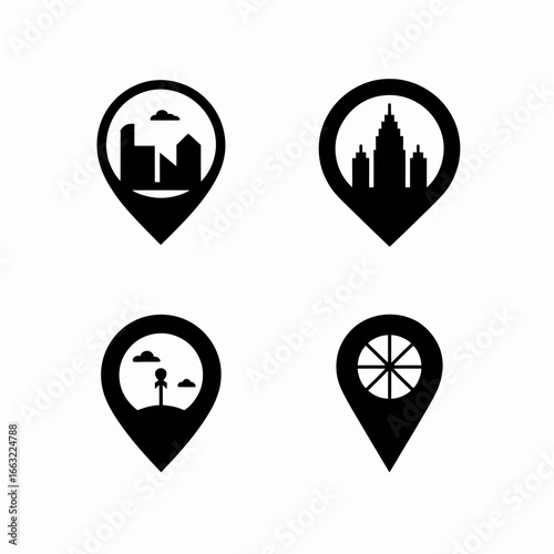 Collection of four location pin icons with different cityscape and landscape silhouettes isolated on white background silhouette