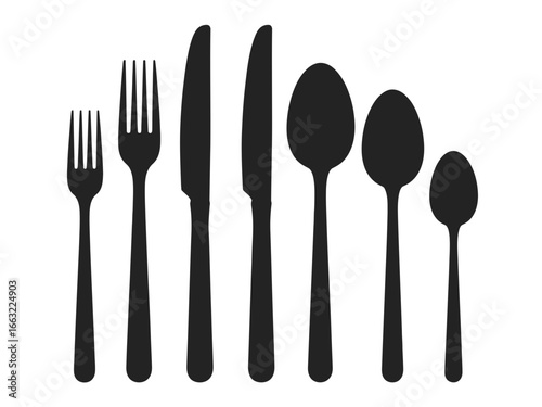 Collection of black cutlery silhouettes including forks knives and spoons isolated on white background silhouette