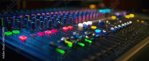 The vibrant audio mixer illuminated with colorful lights in a recording studio