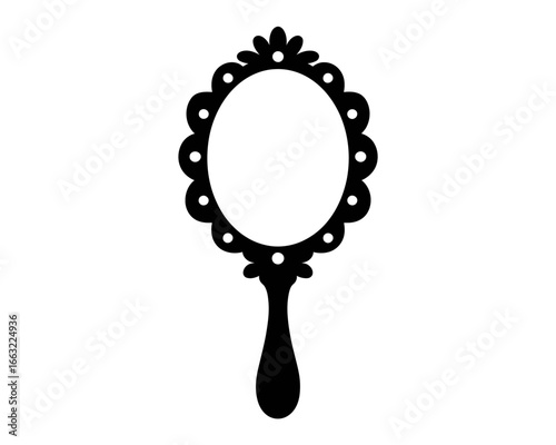 Ornate oval handheld mirror silhouette isolated on white background
