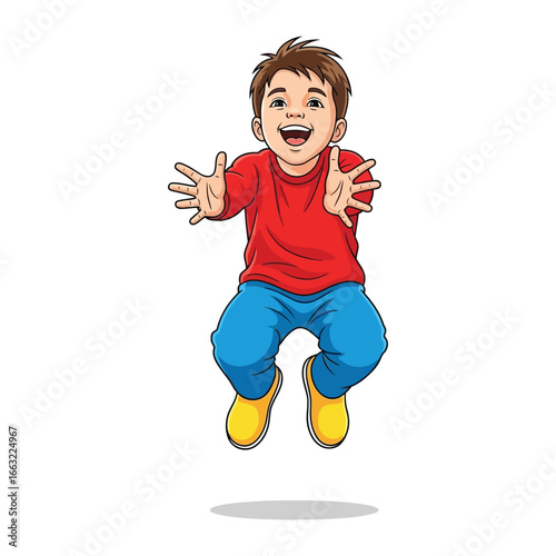 Joyful Jump: A happy kid leaps into the air, exuding pure delight and boundless enthusiasm, in a captivating illustration of youthful energy and carefree happiness.