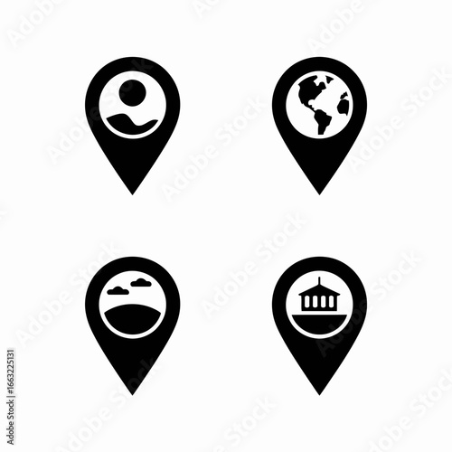 Collection of four location pin icons with diverse imagery silhouette isolated on white background