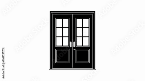 Classic french double doors with panes and handles silhouette isolated on white background