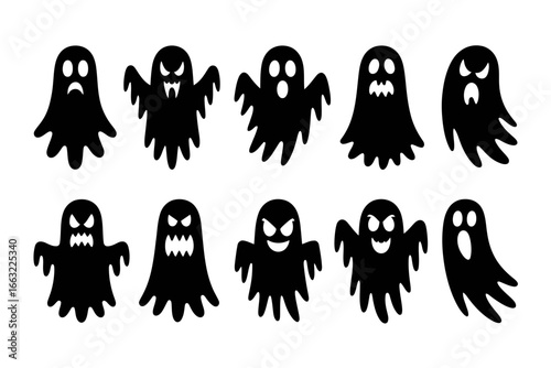 Collection of ten diverse black ghost silhouettes with various facial expressions isolated on white background silhouette