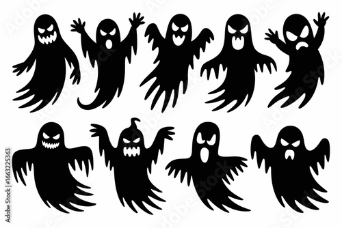 Collection of eight spooky black ghost silhouettes with various expressions isolated on white background silhouette