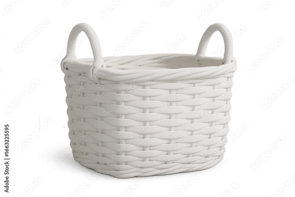 Obraz premium White woven basket featuring twin handles, sitting empty against transparent backdrop, perfect for product presentation