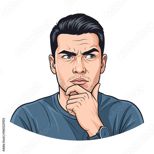 Intense Contemplation: A man ponders deeply, hand to chin, showcasing a moment of profound thought and deliberation in a stylish, graphic illustration.