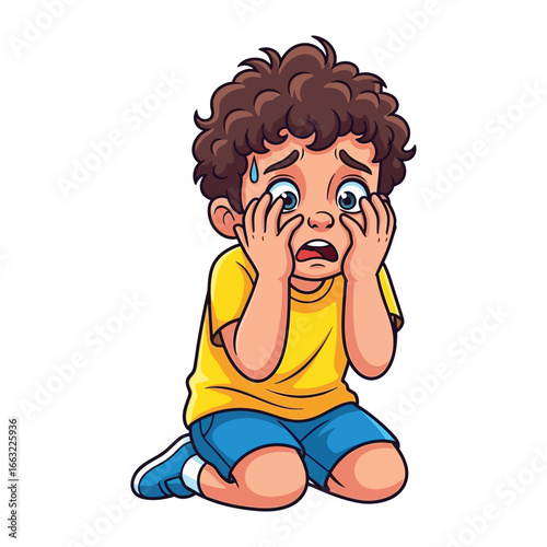 Fearful Youngster: A wide-eyed boy, full of fright, kneels in a display of raw emotion, capturing a vivid portrayal of fear, worry, and childlike vulnerability.