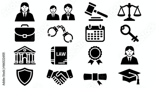 Collection of legal and justice icons representing law and order silhouette isolated on white background