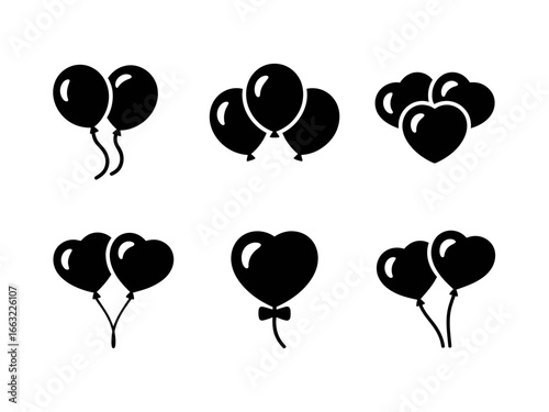 Collection of balloon silhouettes in various arrangements isolated on white background