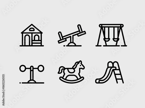 Collection of playground equipment icons including a house seesaw swings rocking horse slide and weather vane silhouette isolated on white background