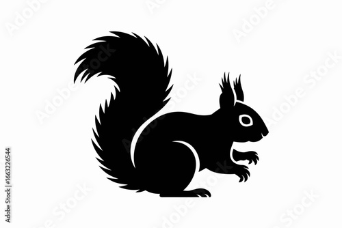 Stylized black squirrel silhouette with a bushy tail isolated on white background